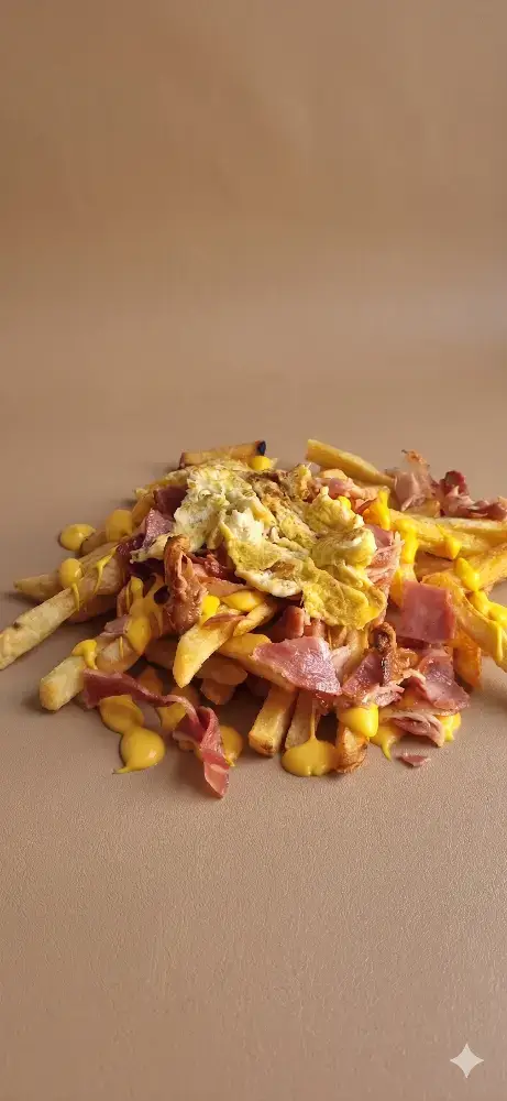 Papas Fritas con Cheddar, Huevo y Panceta